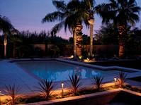 Pool mit Palmen und Beleuchtung bei Sonnenuntergang, Rainpro