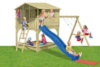 Kinder im Garten, Spielhaus, Spielgeräte für Kinder, Delta Gartenholz
