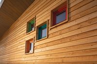 Holzfassade mit bunten Fensterelementen, Osmo