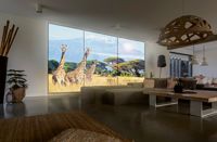 Wohnzimmer mit beleuchteter Glasrückwand mit Giraffen, Beleuchtete Glasrückwand mit Afrika-Motiv, Glasprinter