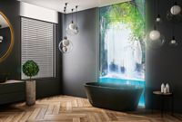 Badezimmer mit Stäbchenparkett und beleuchteter Glasrückwand, Glasrückwand mit Wasserfall-Motiv, Glasprinter