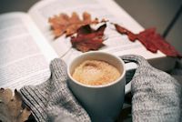 Herbstliches Bild, Buch mit Laub, Heißgetränk, Clima Redboard, Redstone