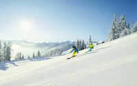 Bergkulisse, Skipiste mit Skifahrern, Skiabfahrt, Skipiste im Sonnenschein, Schladming-Dachstein, 