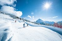 Skifahrer am Berg, Skifahrer am Hang, Skifahrer auf der Piste bei Sonnenschein, Snowpark, Ski amadé, Salzburger Sportwelt