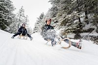 Rodelschlitten fahren, Menschen auf Rodelschlitten, auf Rodelschlitten durch den Schnee, Imst Tourismus